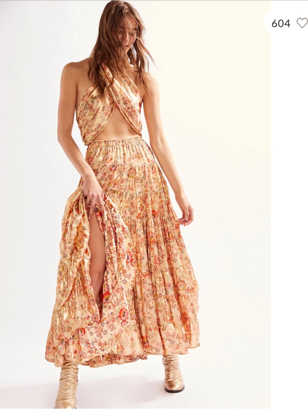 Free People something magical Floral Halter Maxi gown Dress gold Lamé